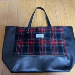 Harris Tweed トートバッグ 赤黒 チェック柄 レザー