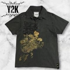 y2k古着 ゴールドラメ ドクロ レイヤード ハーフボタンプルオーバー グランジ