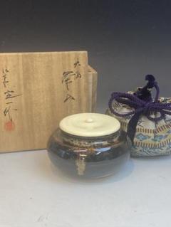 定一造　大海茶入　共箱 ○焼物○ 桶谷定一 『大海 茶入』 共箱 仕覆（亀甲緞子）付