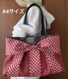 A4サイズ♡倉敷畳縁シンプルリボントートバッグ(市松レッド)