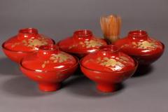 漆芸 明治大正 時代蒔絵椀 五客 天然木 草花 朱塗 金蒔絵【MA358】 漆芸 明治大正 時代蒔絵椀 五客 天然木 草花 朱塗 金蒔絵【MA358
