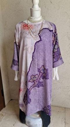 着物　リメイク花柄ノースリーブワンピース ピンク 2wayワンピース Lサイズ 丸襟 花柄 ピンク 正絹 着物リメイク