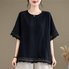 Tシャツ 大きいサイズ レトロ 無地＆シンプル 着痩せ レース柄 透かし編み