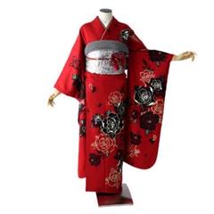 振袖 身長159-174cm 黒ピンク赤薔薇正絹