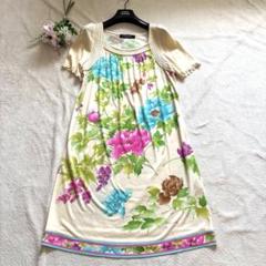 美品✨レオナール　カンカン素材　ドッキングワンピース　花柄　フラワートリム　M