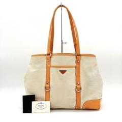 【返品?交換対象商品】 PRADA】トートバッグ 三角ロゴプレート キャンバス オレンジ 肩 バッグ