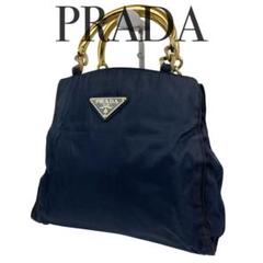 ✨良品　PRADA プラダ　ハンドバッグ　メタルハンドル　ダークネイビー　手提げ