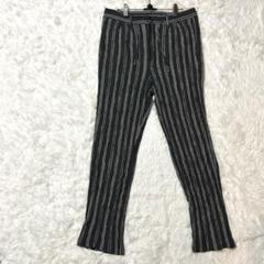 【訳アリ】 ストライプ パンツ グレイ L オフィス　カジュアル　麻混　夏コーデ