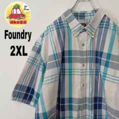 usa古着 FOUNDRY　半袖ボタンシャツ2XL　ライトブルーホワイトチェック