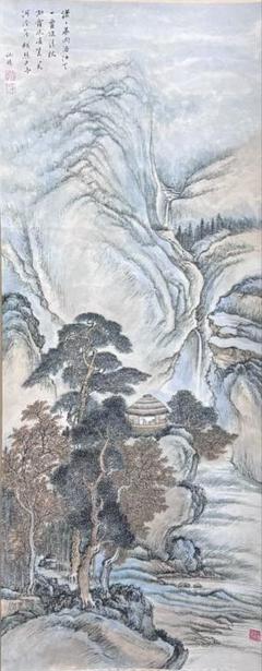 水墨画　掛け軸　清泉秋声 謝陽画　山水　中国　張大千大風堂　カラー　箱付 水墨画 掛け軸 清泉秋声 謝陽画 山水 中国 張大千大風堂 カラー