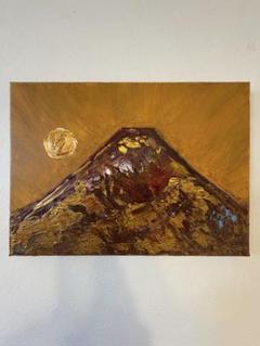 赤富士山 鳳凰色　太陽　アクリル画 金色　風水　絵画　ヒーリングアート　f4 週末セール 赤富士山 鳳凰色 太陽 アクリル画 金色 風水 絵画 f4