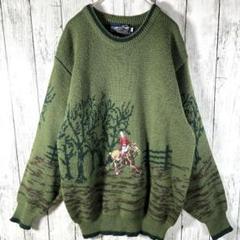ニット　セーター　刺繍　太アーム　総柄　緑　アニマル　馬　乗馬　L　古着