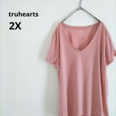 古着 truhearts Vネック 半袖 Tシャツ 2X ピンク シンプル 無地