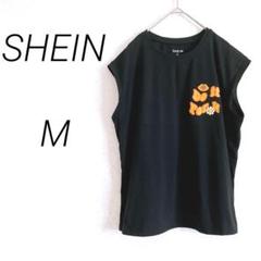 SHEIN シーイン　ノースリーブTシャツ M 黒　バックプリント　花柄