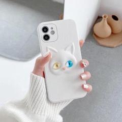 立体猫ちゃんアイフォンケース・iPhone 14Pro・ホワイト・オッドアイ,白