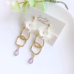 3連お花チャームと二連フープのイヤリング ピアス＊ハンドメイド