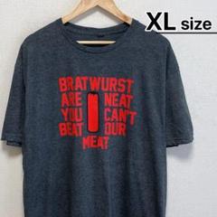 USA古着　Tシャツ　XL　ダークグレー　チャコール　レッドプリント　企業　ロゴ