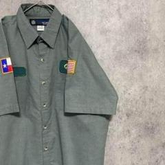 90S ワークシャツ　半袖　ワッペン　薄緑　メンズ　XL 古着　個性派　大きめ