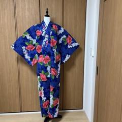 注染手縫いハイビスカスのような花柄の浴衣と正絹半巾帯と巾着の