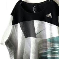 アディダス adidas ロゴ 配色 模様 メッシュ Tシャツ L ホワイト古着
