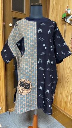 古布リメイク柿渋染め 手拭いのチュニックワンピース パッチワーク 新作できました。 柿渋染めはぎれをパッチワークしたワンピース