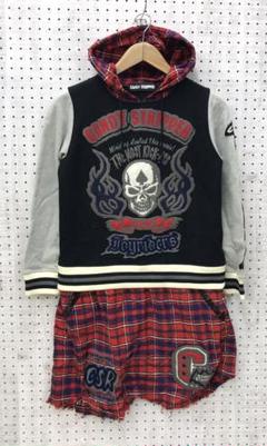 原宿キッズvibes古着　ワッペンロゴスウェット×チェックネル ドッキングワンピ