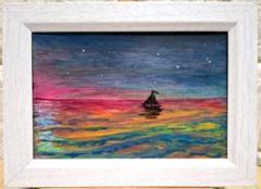 彩りの海　ハガキサイズフレーム入り　原画　風景画　海と船　アクリル画　海の絵