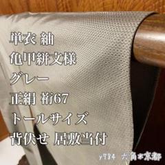 単衣 ★ 紬 亀甲絣文様 グレー 正絹 トールサイズ 背伏せ 居敷当 y784