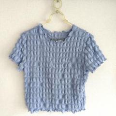 古着　ポップコーントップス　無地　ブルーグレー　絞りTシャツ　半袖 GU