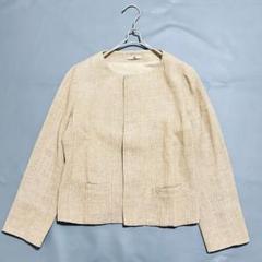 美品　45R ノーカラージャケット　リネンライク　 コットン ベージュ 無地