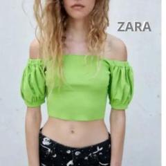 ZARA バルーンスリーブ付きニットトップス ネオングリーン L