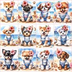 犬柄12枚パネル生地　ハイビスカス　ネーム‼️ポメラニアン　シーズー　チワワ　柴犬