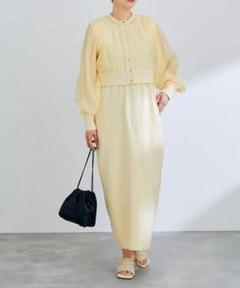 美品 アダムエロペ シアーカーデコンビニットワンピースSET フリー イエロー系 美品 アダムエロペ シアーカーデコンビニットワンピースSET