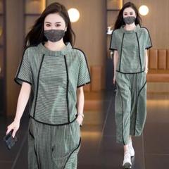 Tシャツ オシャレ カジュアル 着痩せ 縞模様 テーパードパンツ 2点 セット