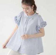 Fit more ボリュームフリルハーフスリーブ　ブラウス　ブルー
