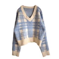 2496 美品 ふわふわニット チェック柄ショートニット