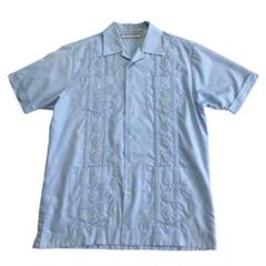 90s MONTE CARLO キューバシャツ 水色 S 刺繍 コットンポリ