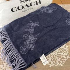 coach カシミヤ　マフラー　馬車柄　ネイビー コーチ カシミヤ混 馬車柄マフラー送料無料 キャップ、マフラ