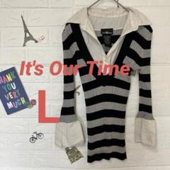 It's Our Time 黒とグレー ストライプ ニット【L】
