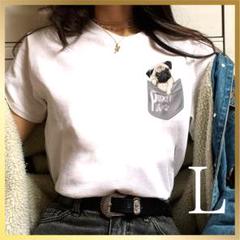 レディース Tシャツ 半袖 ポケット 犬 パグ L 犬好き ホワイト 白