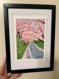 桜の風景画 フレーム付き　原画　ハンドメイド　オイルパステル