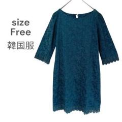 5分袖ワンピース　グリーン　花柄　コットン100%　ポケット　裏地　韓国服　古着