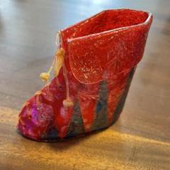 花柄 革 ブーツ型 オブジェ 小物入れ