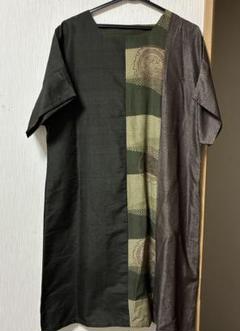 着物リメイク正絹小紋黒と緑のパターン 半袖ワンピース