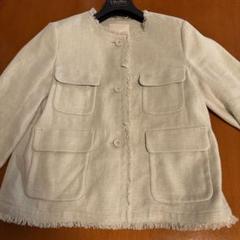 'S MaxMaraリネン七分袖ノーカラージャケット /フリンジ/美品 S MaxMaraリネン七分袖ノーカラージャケット /フリンジ/美品