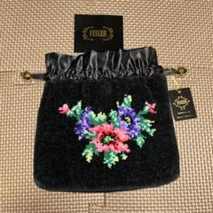 FEILER 花柄刺繍 巾着袋 黒