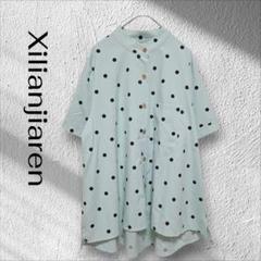 Xilianjiaren 半袖木製ボタンシャツ【L】グリーン ドット柄 水玉模様