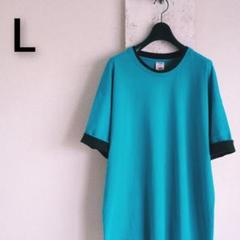 90s USA製　フルーツオブザルーム　Tシャツ　2重リブ　2重袖　ブルー　L
