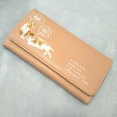 新品 かぶせタイプ 長財布 猫 ネコ プリント くすみピンク フェイクレザー