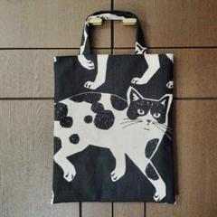 echino生地　ペタンコ縦バッグ　CATCAT黒地